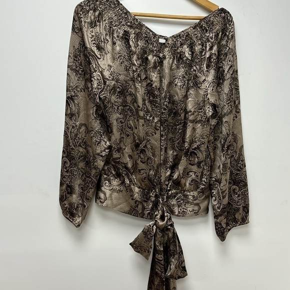 BCBG Max Azria Brown Beige L Baroque Print Long Sleeve Open Back Silk Blouse - Picture 10 of 12